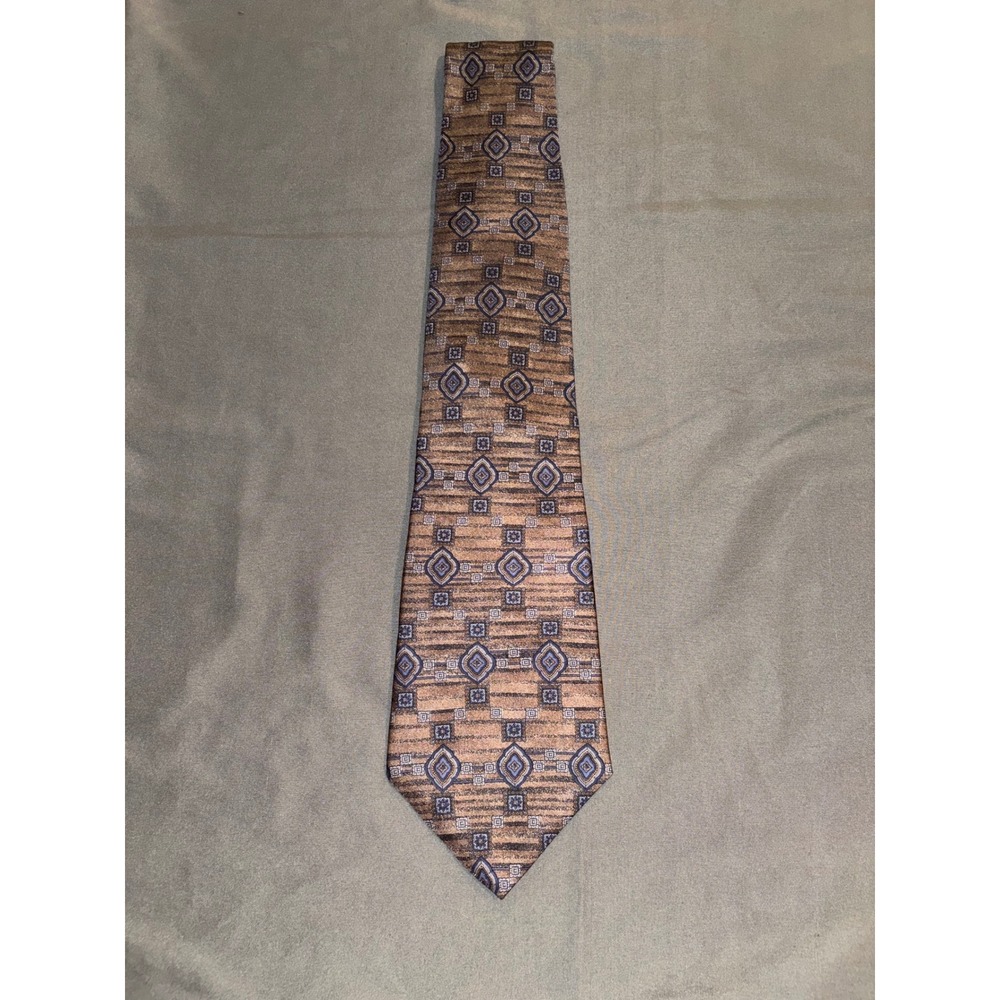 Andhurst Mens Silk Tie Brown Blue Geometric Medallion Made in USA Italian Print